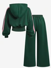 SHEIN 2件組女童綠色收腰短版連帽衛衣與寬鬆長褲休閒運動套裝，秋冬字母印花外套與拼色織帶寬腿褲套裝 - 綠色 - 查看 2