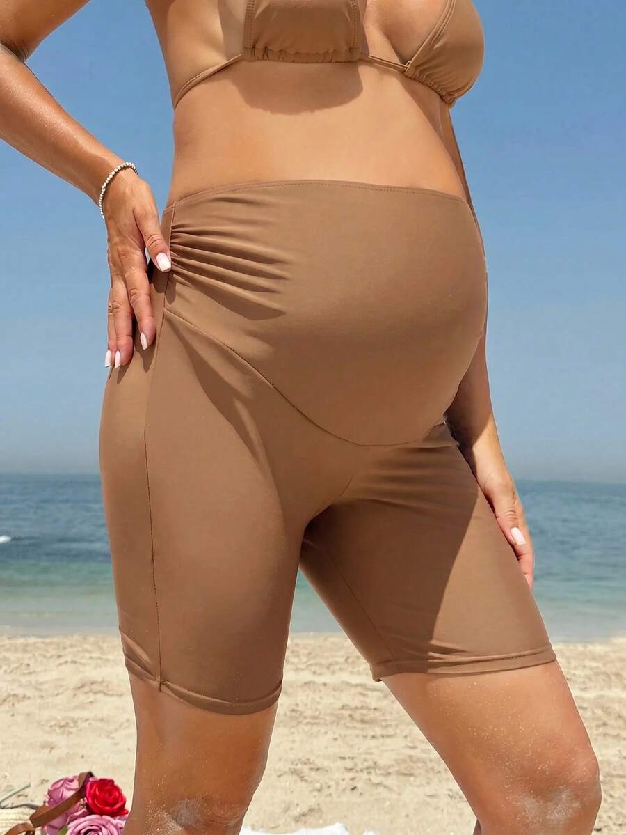 Swim Vcay 孕婦純色休閒日常短褲泳裝褲,適合夏季度假海灘 - 棕色 - 查看 1