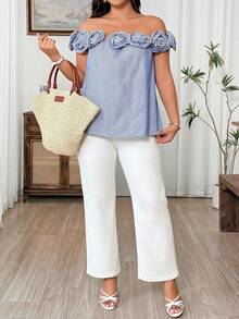 Weeklong Women's Off-Shoulder 3D Floral Striped Elegant Summer Plus Size Blouse - Blue and White - View 7