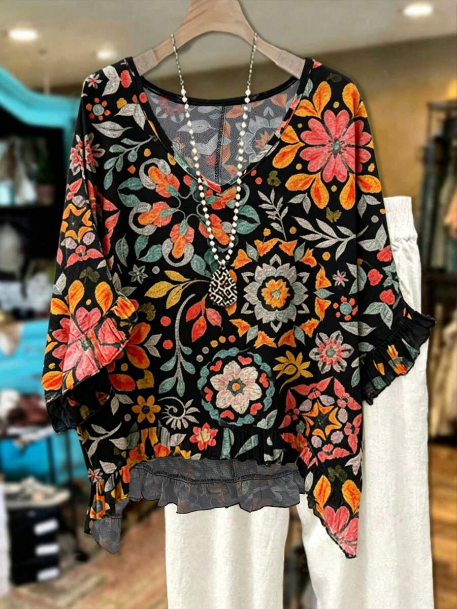 EMERY ROSE Blusa de mujer talla grande estilo casual primavera/verano: diseño simple y versátil con estampados aleatorios de flores coloridas y geométricos. Cuello en V, mangas acampanadas con volantes, ajuste holgado - perfecta para primavera y verano - Negro - Ver 1