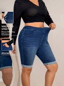 Flexra Plus Size Women's Casual Slim Fit Denim Shorts Trail Ride Navy Blue Summer - Dark Wash - View 1