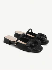 CUCCOO CHICEST 時尚黑色立體花飾短粗跟方頭女鞋 穆勒鞋 通勤百搭 優雅 派對度假款 - 黑色 - 查看 2