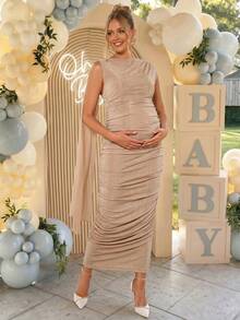 Loomaby Elegant Ruched Fitted Party Dress For Pregnant Women Dress Gender Reveal Dress Maternity Dress Baby Shower Dress - Apricot - View 3