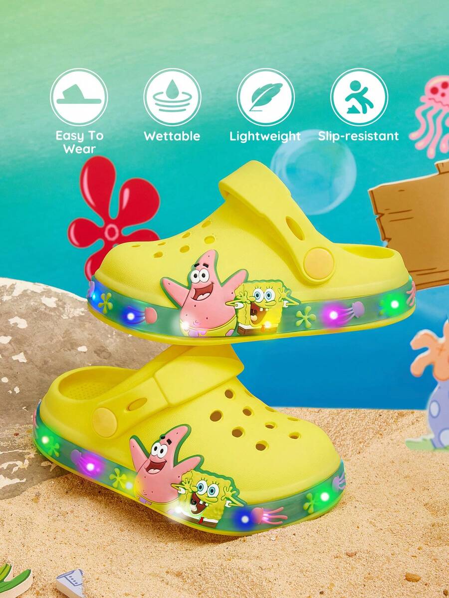 SpongeBob SquarePants | SHEIN 童趣卡通兒童涼鞋 LED發光園藝鞋,輕量EVA材質,透氣快乾耐穿 - 黃色 - 查看 1