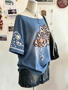 Lalippa 女款豹紋露肩落肩休閒T恤 - 黑色 - 查看 5