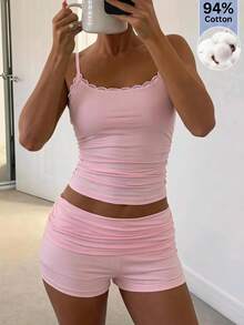 SHEIN EZwear 淺粉色針織細肩帶上衣與短褲兩件套女款家居休閒夏季浪漫甜美套裝 - 粉色 - 查看 9