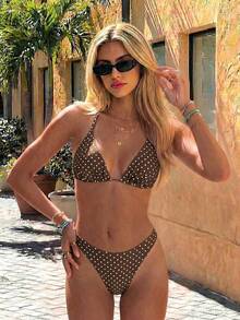 Swim Vcay 女士新款豹纹侧高衩性感比基尼泳裤，挂脖式吊带泳衣，波点比基尼泳装，波点泳衣，波点比基尼套装 - 彩色 - 查看 1