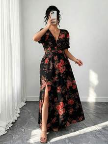 Elenzga Plus Size Women's V-Neck Floral Print Split Design Elegant Cinched Waist Party Summer Dress - Black - View 5