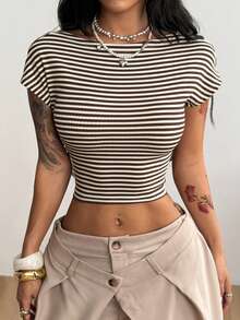 Coolane Women's Summer Streetwear Casual Country Concert Sexy Chic Stretchy White And Brown Striped Backless Tops Club Club Night Night Out - Brown - View 2