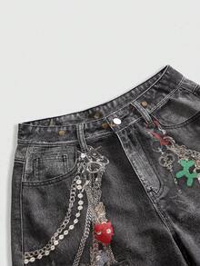 ROMWE Women's Distressed Washed Chain Badge Print Wide Leg Jeans - Black - View 3