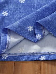 SHEIN Vintaside Kids 女童夏季兩件套：藍底白色花卉印花無袖上衣配荷葉領 + 同款花卉印花寬腿褲，適合日常上學、戶外出遊、購物與遛娃，打造清新甜美田園風小女孩造型 - 藍色 - 查看 5