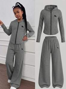 SHEIN Elladie kids 青少年女孩秋季套裝 2件/套 韓式休閒運動賽車風 淺灰色條紋連帽拉鍊運動服 羅紋針織面料 柔軟校園休閒 - 深灰色 - 查看 3