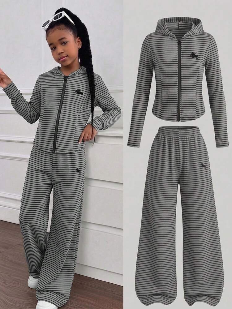 SHEIN Elladie kids Tween Girls Fall Outfits 2pcs/Set Korean Style Casual Athletic Racing Light Grey Striped Hooded Zip-Up Tracksuit Ribbed Knit Fabric Soft School Hol... - Dark Grey - View 3