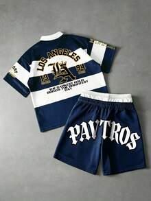 Manfinity Roghcode 男士美式學院風徽章刺繡T恤短褲兩件套，POLO領半袖T恤，2合1短褲，針織運動套裝，美式復古學院風，高街時尚，奢華運動服，日常通勤，校園活動，聚會，休閒社交，高爾夫及其他戶外運動，節日禮物 - 藏蓝色 - 查看 2