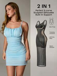 Nuvra Women's Spaghetti Strap Low-Cut Waist Lifting Mini Bodycon Dress Night Out Light Blue Summer Bandage - Baby Blue - View 3