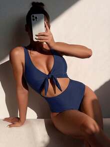 SHEIN Swim 纯色优雅无袖高腰可调节肩带连体泳衣，女士，春夏款 - 藏蓝色 - 查看 7