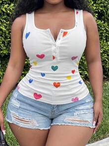 Slaydiva Plus Size Women Heart & Graphic Print Button-Up Sleeveless Top - White - View 6