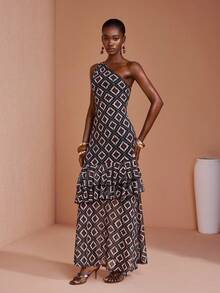 JIAN LASALA Mesh One-Shoulder Ruffle Hem Asymmetric Neckline Bodycon Women Long Dress - Multicolor - View 5