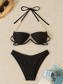 Swim SXY Conjunto de bikini con soporte rígido y recorte con perlas para mujer, ideal para el verano - Negro - Ver 2