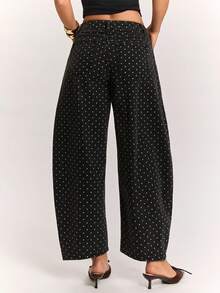 SHEIN BAE Women'S Polka Dot Pattern Pocket Tapered Casual 80s Retro Streetwear Denim Jeans Fall Clothes Teacher Pants Daytime Holiday Going Out Everyday Date - Black - View 2