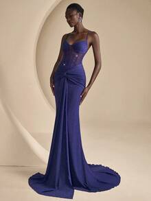 Coutiva Women's Elegant Rhinestone Pleated Ruffle Mermaid Hem Formal Evening Gown - Navy Blue - View 6