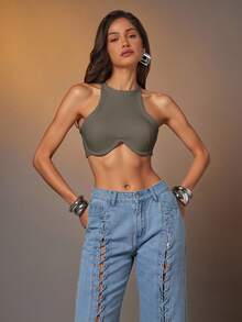 Denimoi Atasan Crop Tanpa Lengan Warna Polos untuk Wanita, Kemeja Seksi - Mocha Brown - View 3