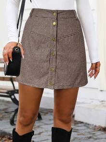 SHEIN LUNE Rok Mini A-Line Wanita Ukuran Besar Motif Houndstooth Cokelat Vintage Kancing Tunggal Pinggang Tinggi Model Ramping Musim Gugur - Coklat - View 1