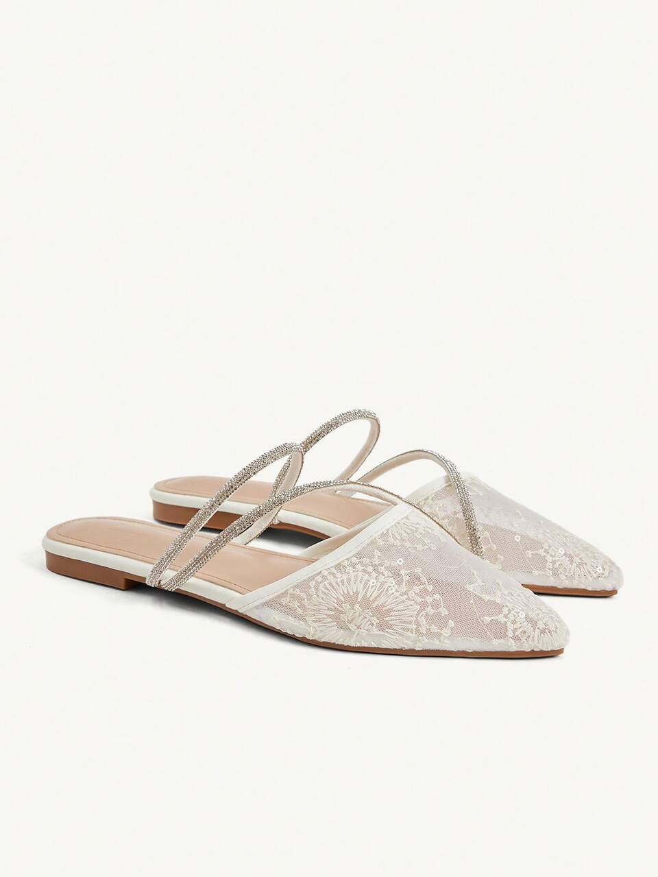 CUCCOO CHICEST Fashion Beige Lace Mesh Rhinestone Strip Women's Flat Mules Shoes Fashionable Breathable Cute Sweet Elegant Women's Flat Backless Shoes Slip