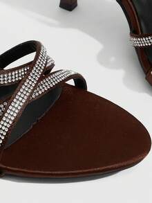 CUCCOO SZL Dark Brown Satin Cross Rhinestone Thin Strap High-Heeled Sandals, Women's Light Luxury Rear Strap Open-Toed High Heels - Brown - View 5