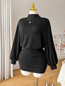 Comfortcana Plus Size High Elasticity Black Retro Minimalist Autumn/Winter Bodycon Mock Neck Knit Dress Fall - Black - View 1
