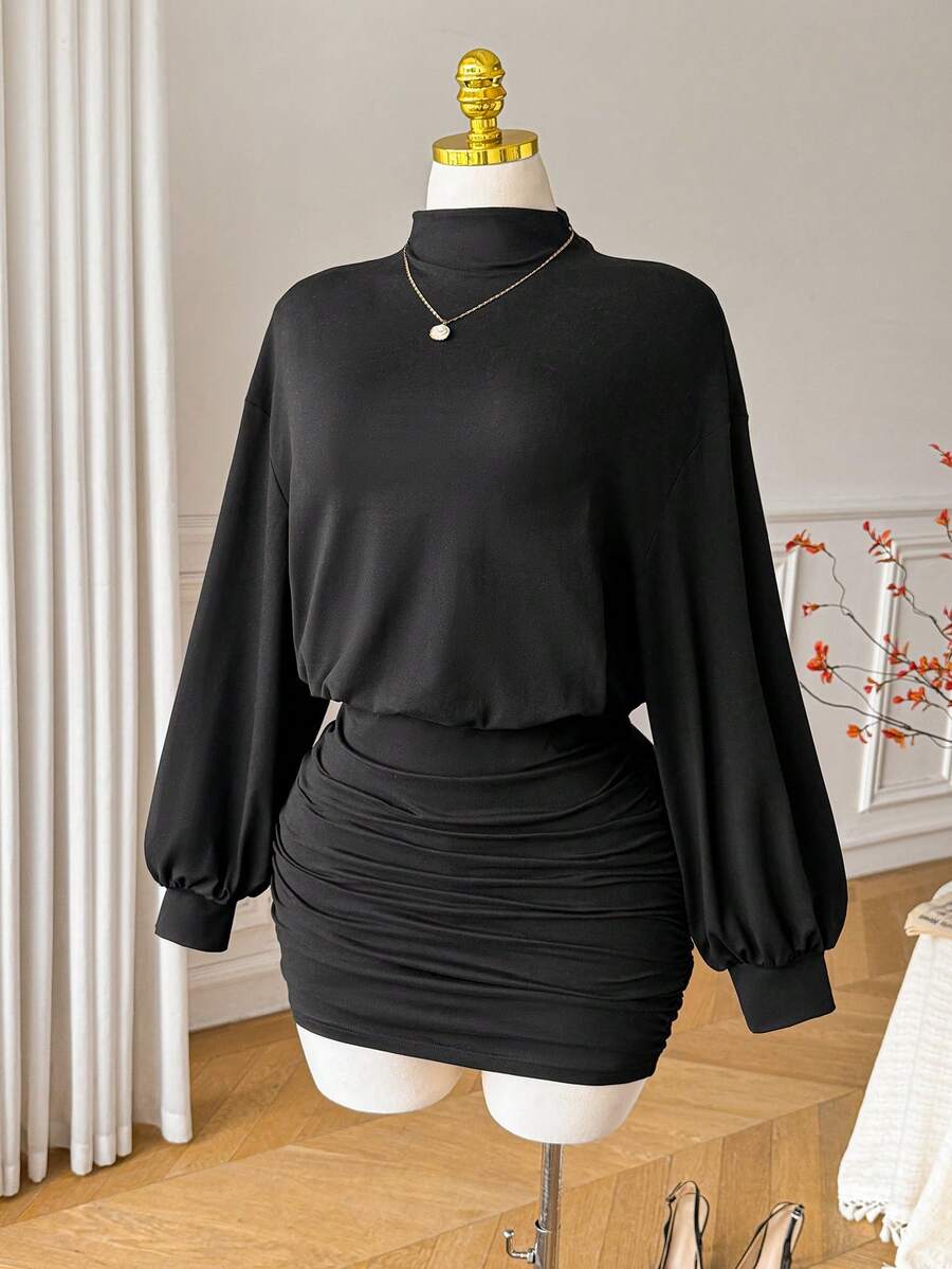 Comfortcana Plus Size High Elasticity Black Retro Minimalist Autumn/Winter Bodycon Mock Neck Knit Dress Fall - Black - View 1