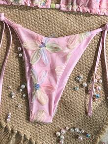 Costavie Swim MOD 兩件式女款泳衣套裝 春夏度假風 彩色花卉亮片紋理面料 掛脖三角比基尼上衣搭配側綁帶比基尼褲頭 性感泳裝套裝 - 彩色 - 查看 6