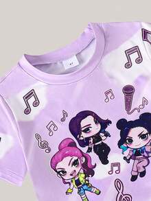 SHEIN Elladie kids 女童 2件組時尚卡通角色與音符圖案休閒極簡短袖上衣與短褲套裝，適合音樂節、夏季日常穿著 - 彩色 - 查看 7