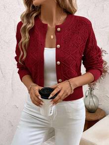 SHEIN Clasi Cárdigan de punto calado con hombros caídos talla grande - Rojo - Ver 12