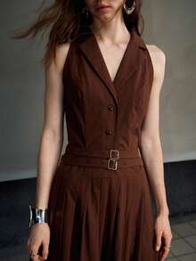 MOTF PREMIUM WOMEN'S AUTUMN SLEEVELESS DOUBLE BELT DESIGN PLEATED LONG DRESS - Coffee Brown - View 3