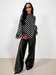 SHEIN PETITE Women's Black And White Polka Dot Blouse With Wide Ruffled Sleeves Lace Details - Elegant Retro Long Sleeve Top For Autumn Business Casual Wear Office - Black and White - View 5