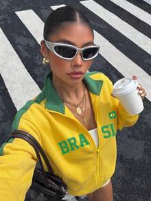 Muchica Women's Brazil-Inspired Yellow/Green Colorblock Sweatshirt - Jersey-Style, Streetwear, Game Day - Multicolor - View 3
