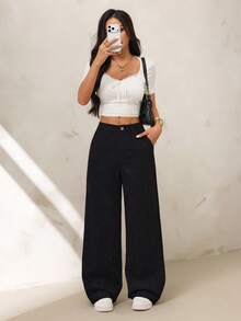 SHEIN PETITE 休閒百搭純色直筒燈芯絨長褲 - 黑色 - 查看 3