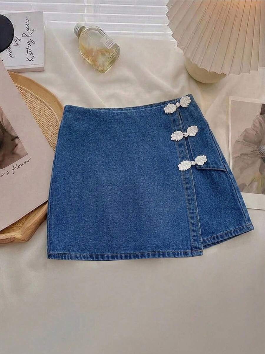 SHEIN MOD Falda pantalón de mezclilla con botones tipo rana - Azul - Ver 1
