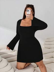 Solflare Plus Size Women Solid Color Casual Daily Summer Dress Fall - Black - View 4