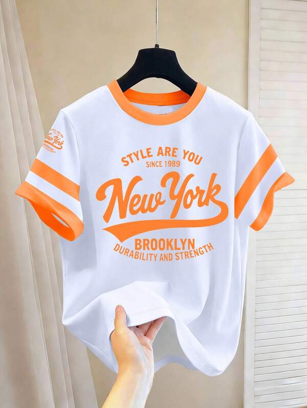 Chillumni 男士橘色滾邊條紋美式復古 NewYork 字母印花寬鬆百搭插肩袖休閒圓領短袖T恤