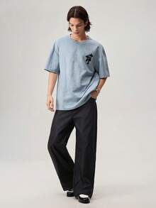 Loose Fit Men's Drop Shoulder Cross Embroidery Vintage T-Shirt, 2000s Style - Dusty Blue - View 6