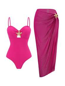 Bonvoyette Swim Oasis 女款夏季純色細肩帶海星裝飾長洋裝與連身泳衣兩件套 - 玫紅色 - 查看 2