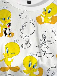 LOONEY TUNES X SHEIN Women's Round Neck Short Sleeve Cropped T-Shirt Holiday Everyday White Summer Casual Cute - White - View 4
