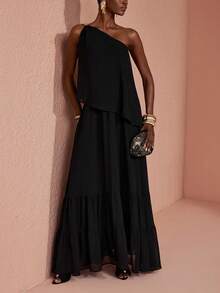 JIAN LASALA Black Chiffon One Shoulder Ruffle Hem Uneven Sleeveless Long Dress Party Vacation - Black - View 7