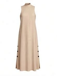 Everyssa Summer Casual Solid Color Linen Sleeveless Side Slit Dress, Beach Vacation Minimalist Style, Fashionable Versatile - Khaki - View 5