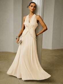 ZEYLAH Elegant Extra-Long Fitted Dress With Ruched Ruffle Hem, Spring/Summer - Apricot - View 1