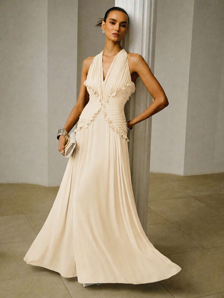 ZEYLAH Elegant Extra-Long Fitted Dress With Ruched Ruffle Hem, Spring/Summer - Apricot - View 1