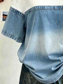 Lalippa Kaos Wanita Lengan Pendek Leher Asimetris dengan Motif Patchwork Denim - MultiWarna - View 4