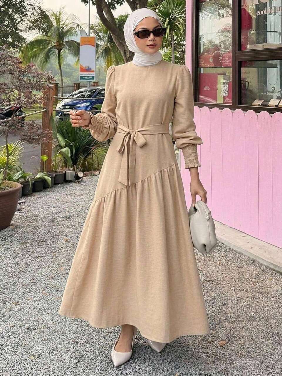 Women's Casual Long Sleeve Lantern Sleeve Khaki Color Cinched Waist Patchwork Hem Loose Fit Long Dress, Summer